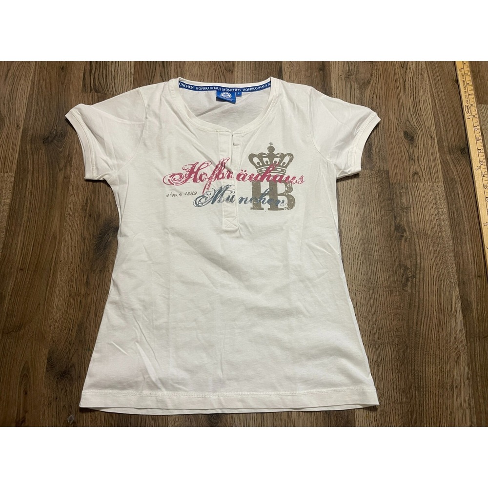 Hofbrauhaus Munchen Shirt, Women's Size Large, White, V-neck, Short Sleeve